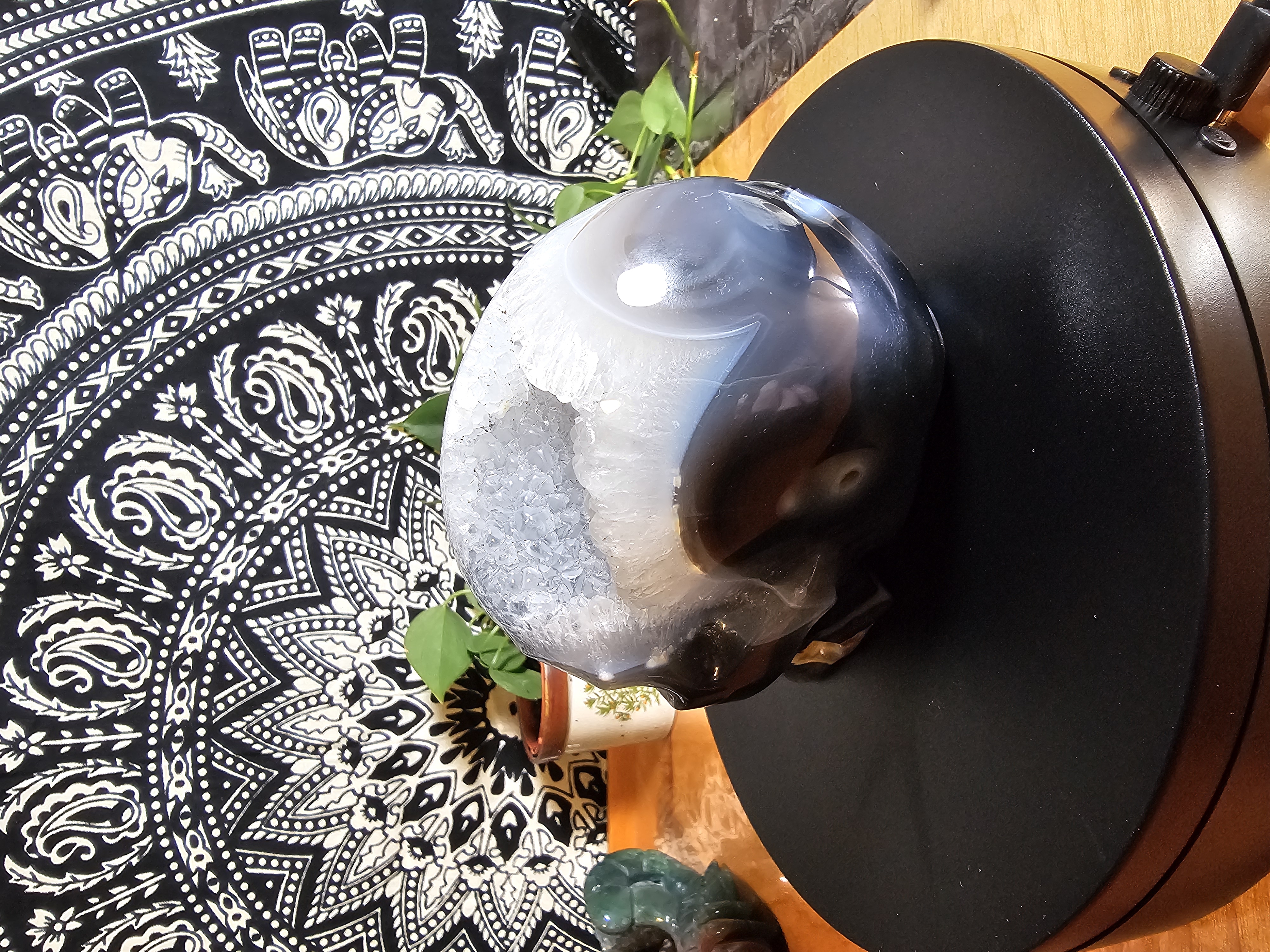 Absolutely Incredible UV Reactive Volcano Agate Skull With Quartz Drusy Pocket