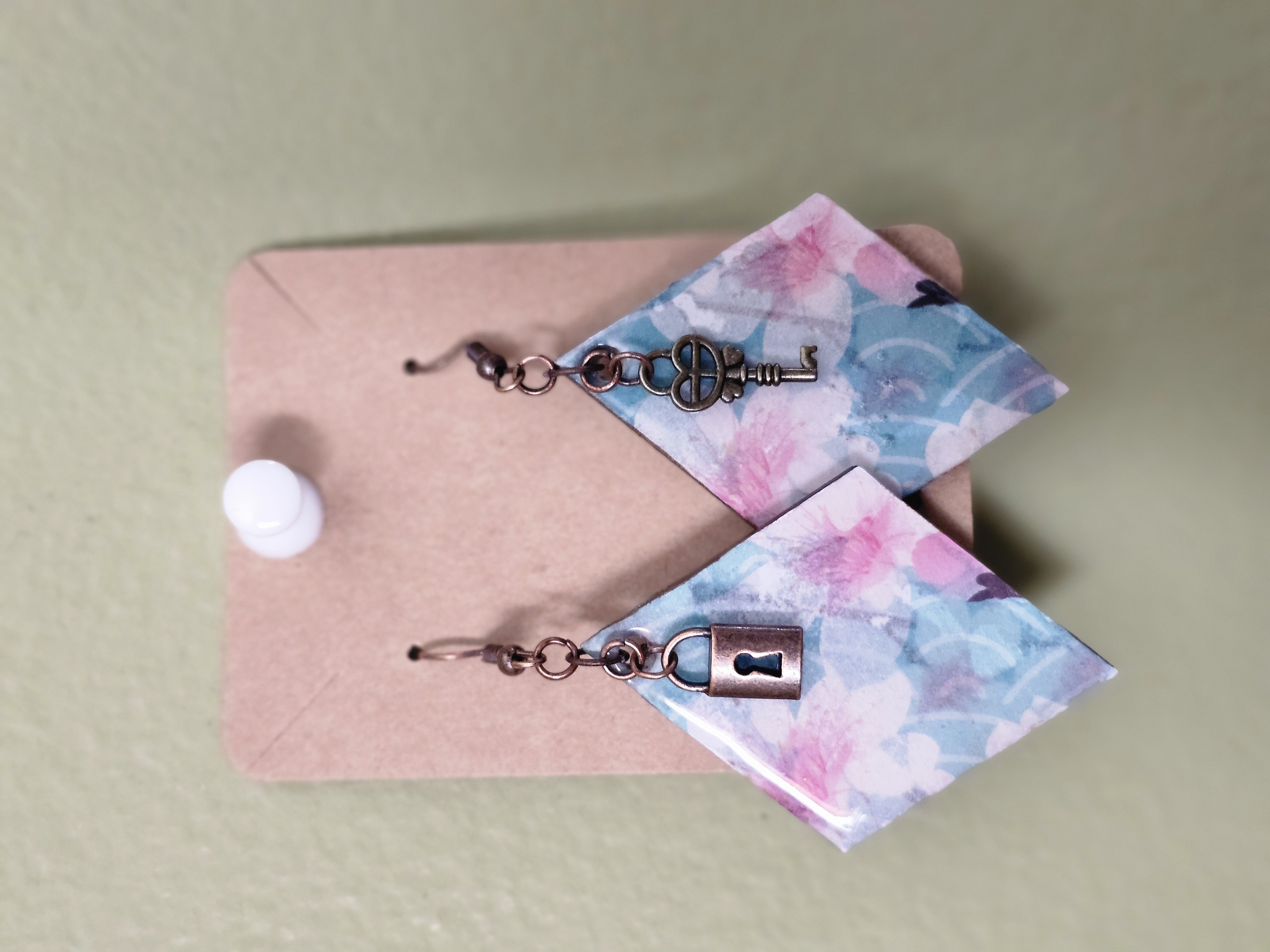 Floral Origami Key and Lock Earrings Dual Sided