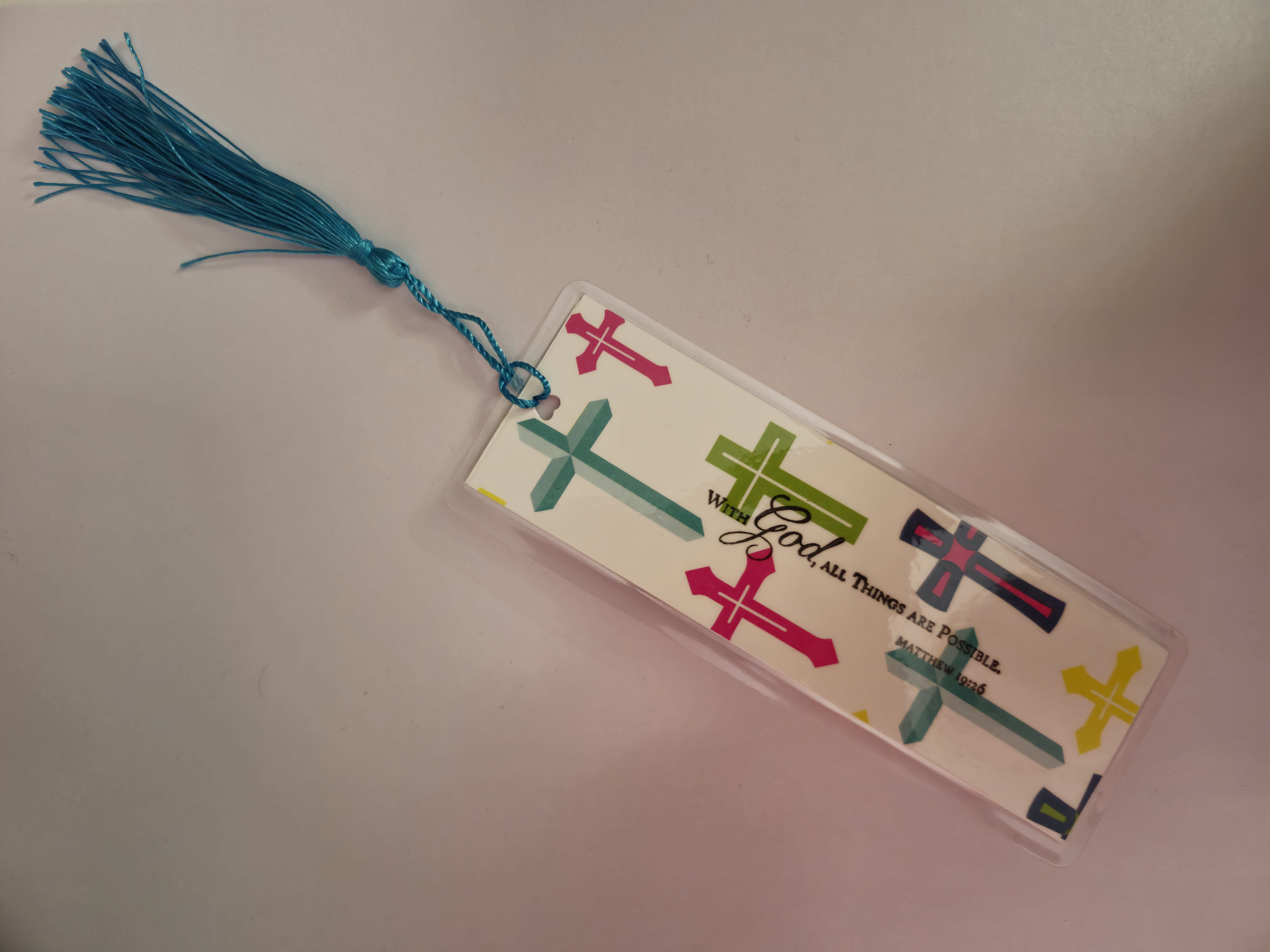 Cross Bookmark With God all things are possible quote and tassel