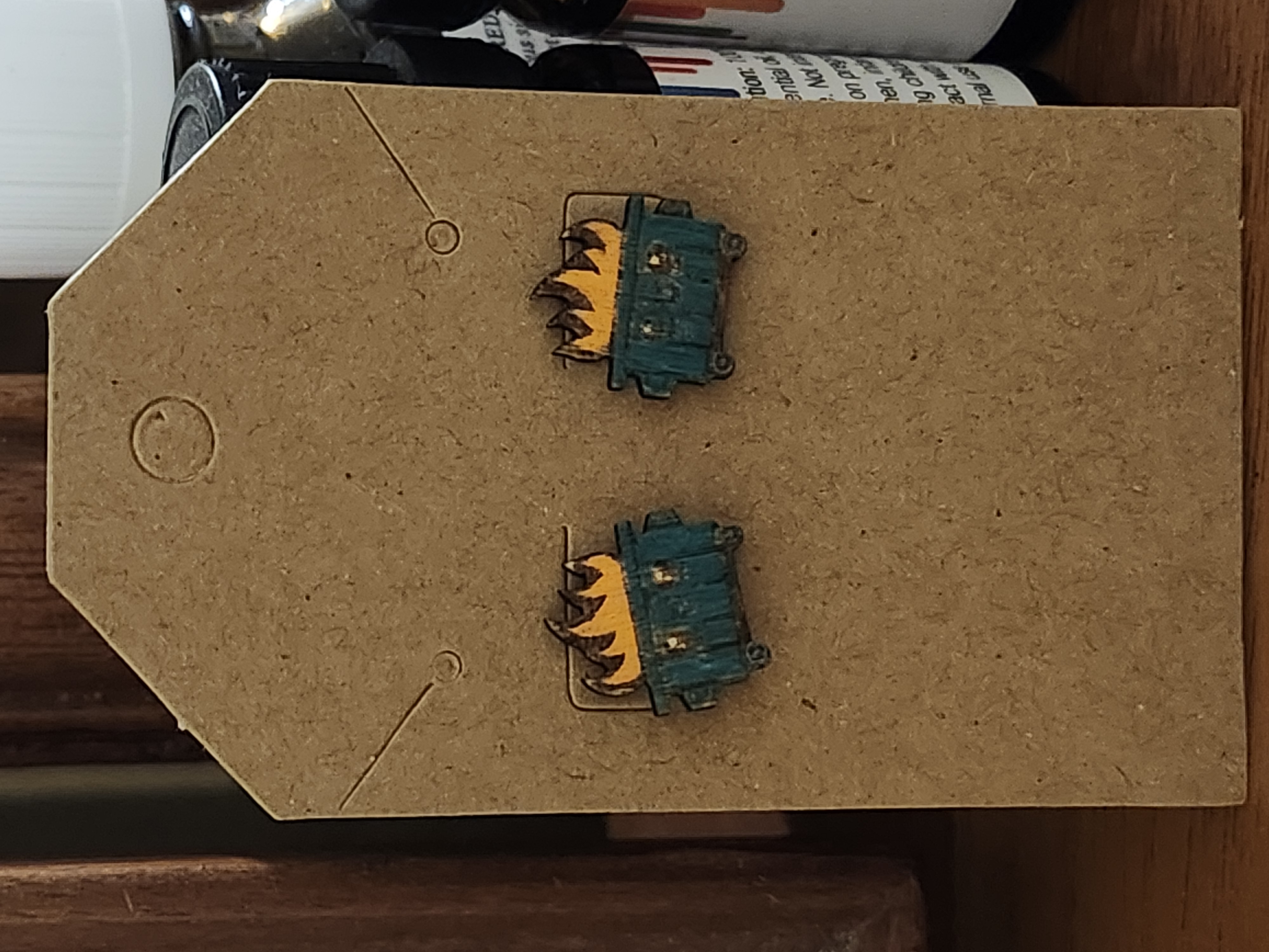 Dumpster Fire wood and acrylic stud earrings