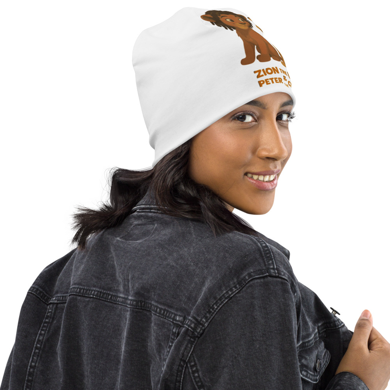 White Beanie with Lion Cartoon Print