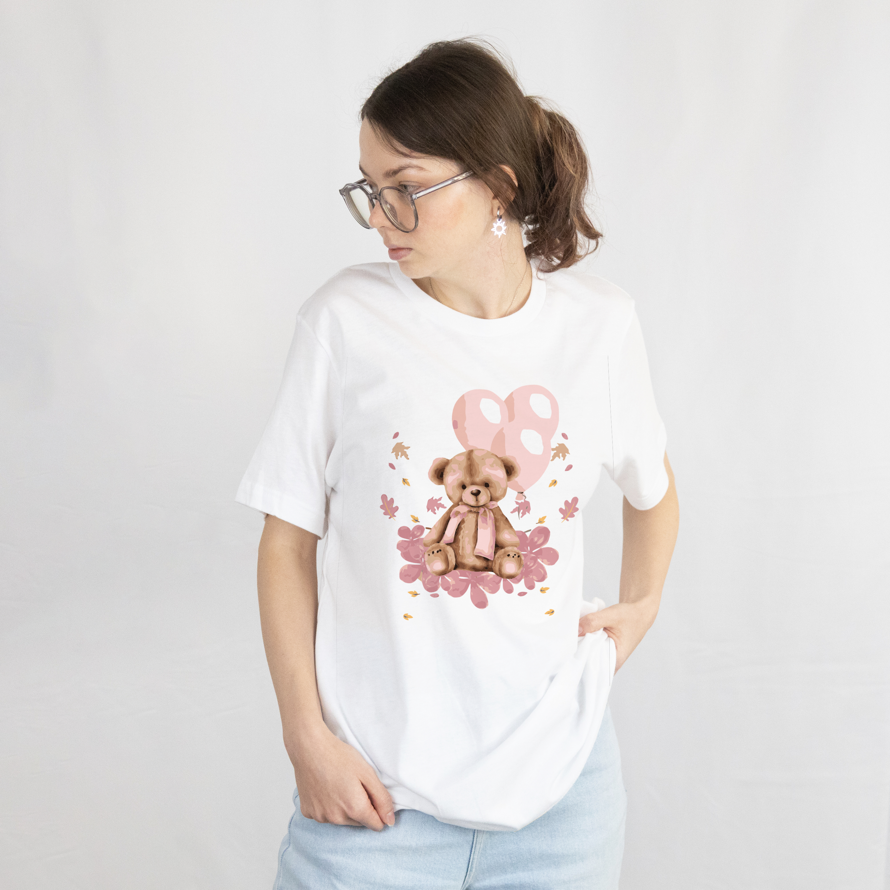 Women's Fall Teddy Bear Balloon Graphic T-Shirt