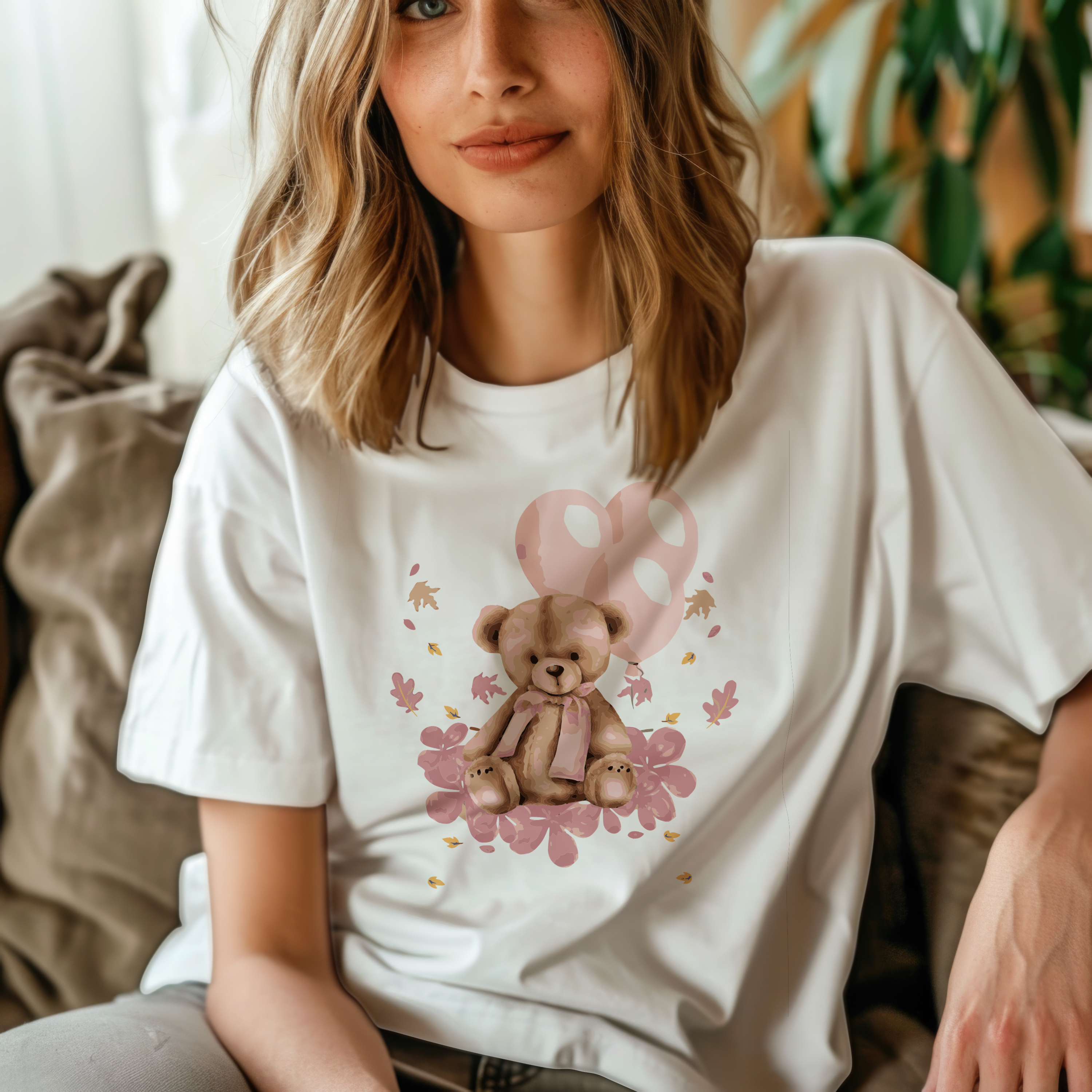 Women's Fall Teddy Bear Balloon Graphic T-Shirt