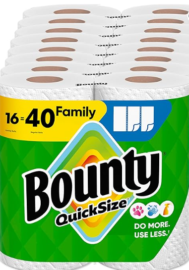 Bounty Paper Towels Quick Size, White, 16 Family Rolls = 40 Regular Rolls