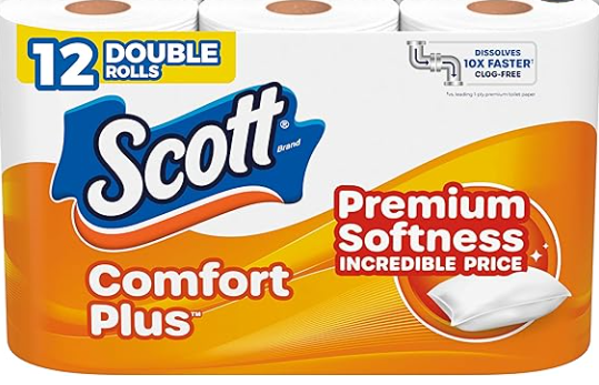 Scott ComfortPlus Toilet Paper, 12 Double Rolls, 231 Sheets per Roll, Septic-Safe, 1-Ply Toilet Tissue