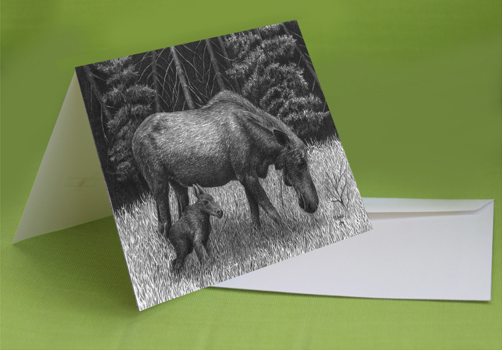 "Cow and Calf Moose" - Art Card