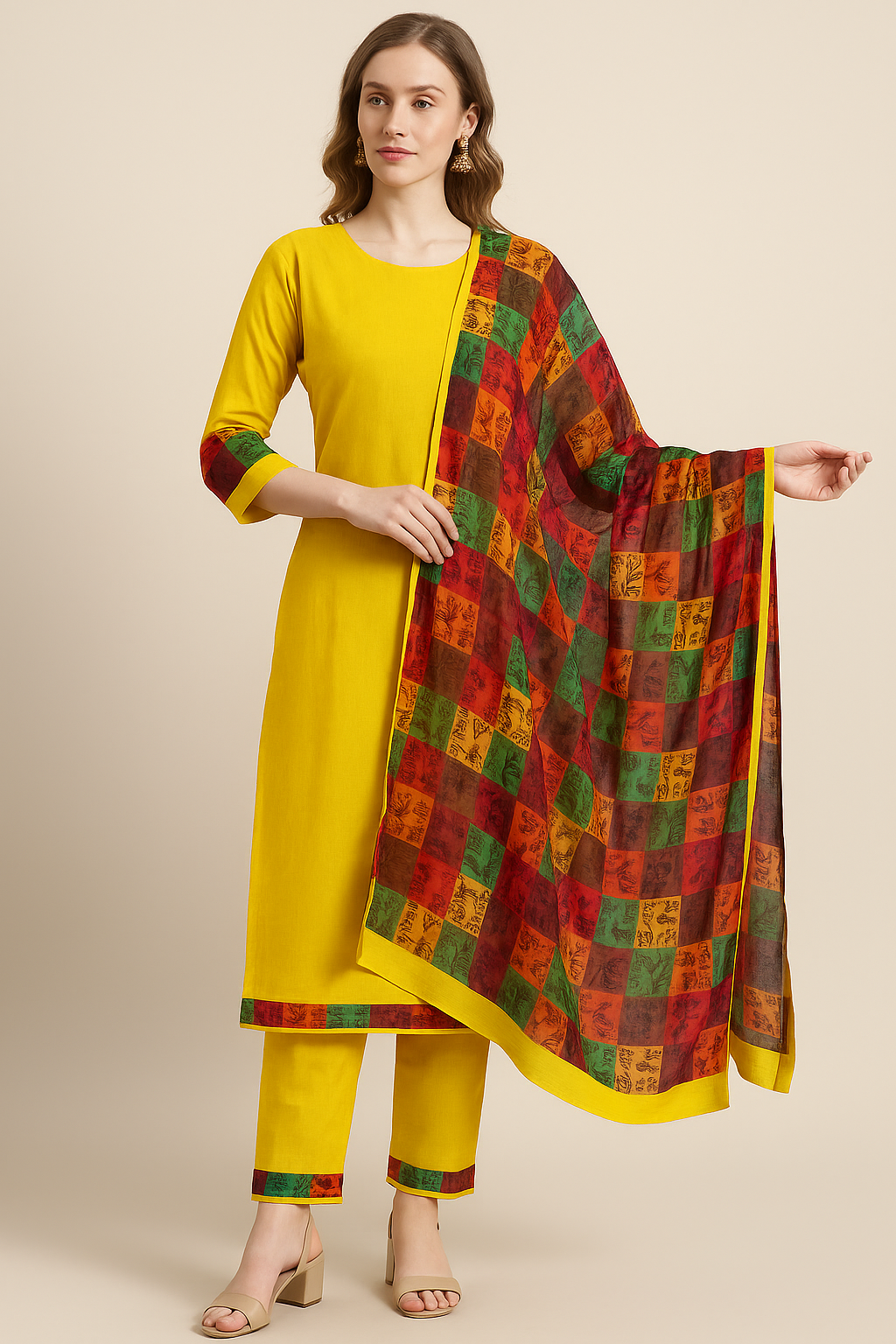 Yellow traditional suit with multicolor dupatta