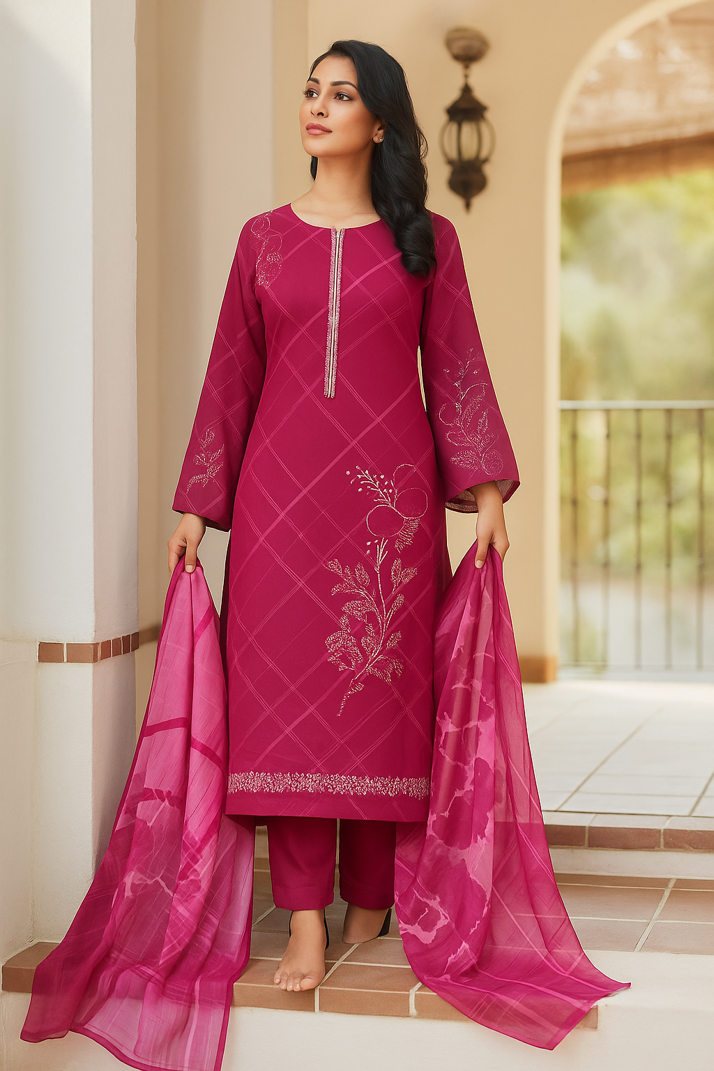 Magenta Embroidered Three-Piece Suit