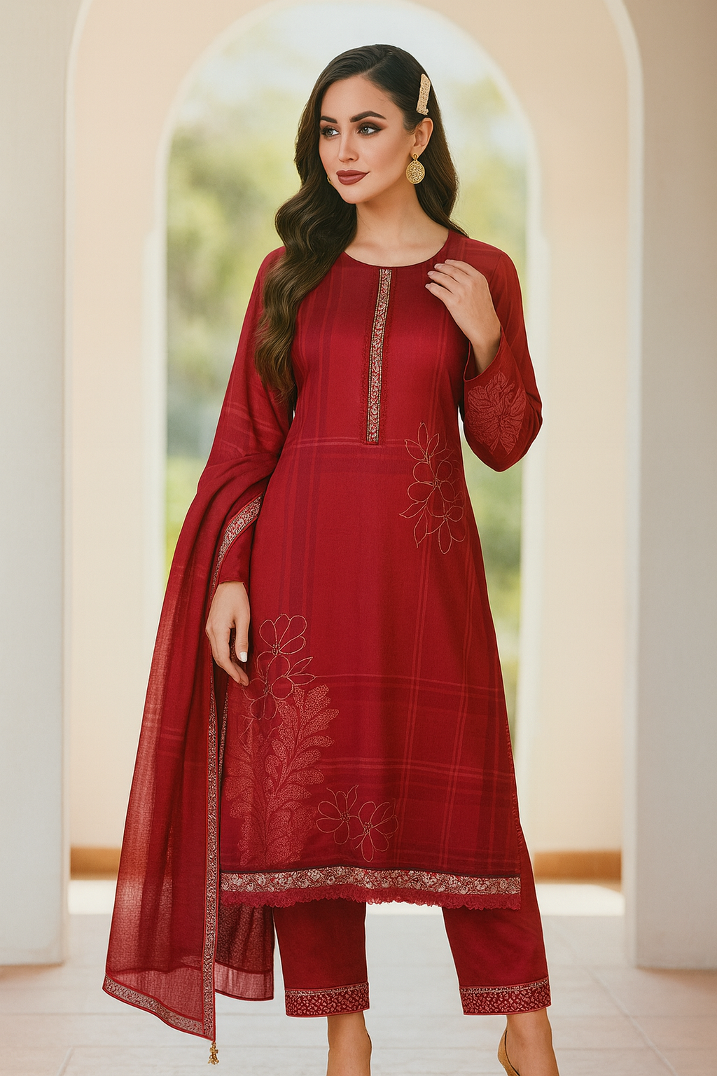 Elegant Red Embroidered Kurta Set