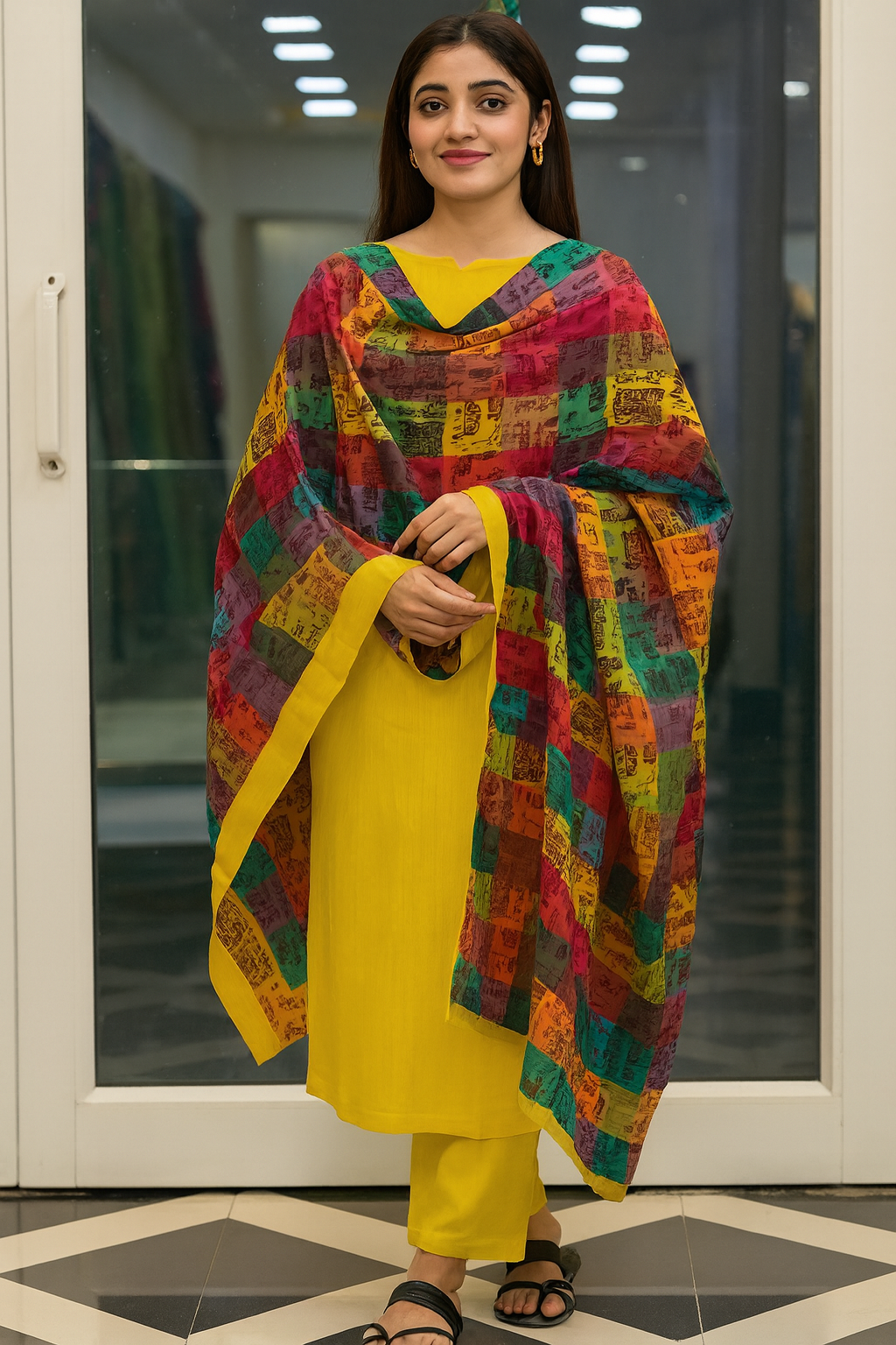 Yellow traditional suit with multicolor dupatta