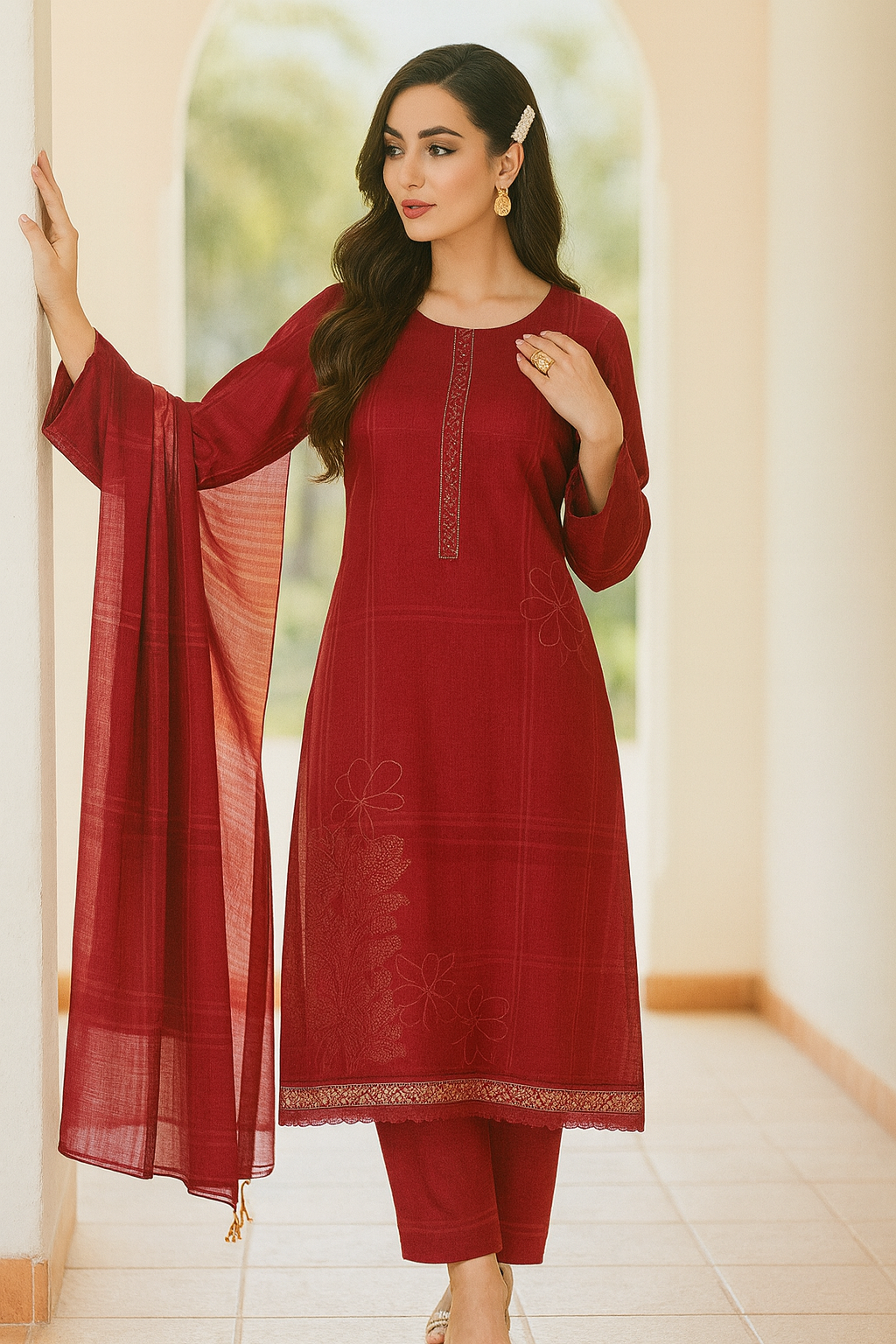 Elegant Red Embroidered Kurta Set