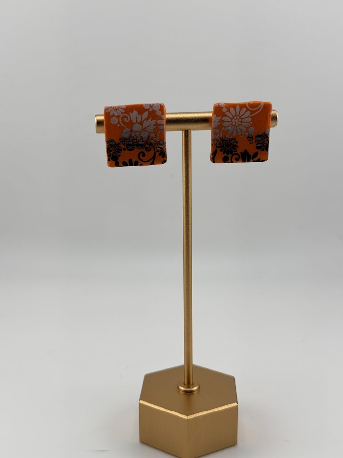 Orange Floral Square Earrings