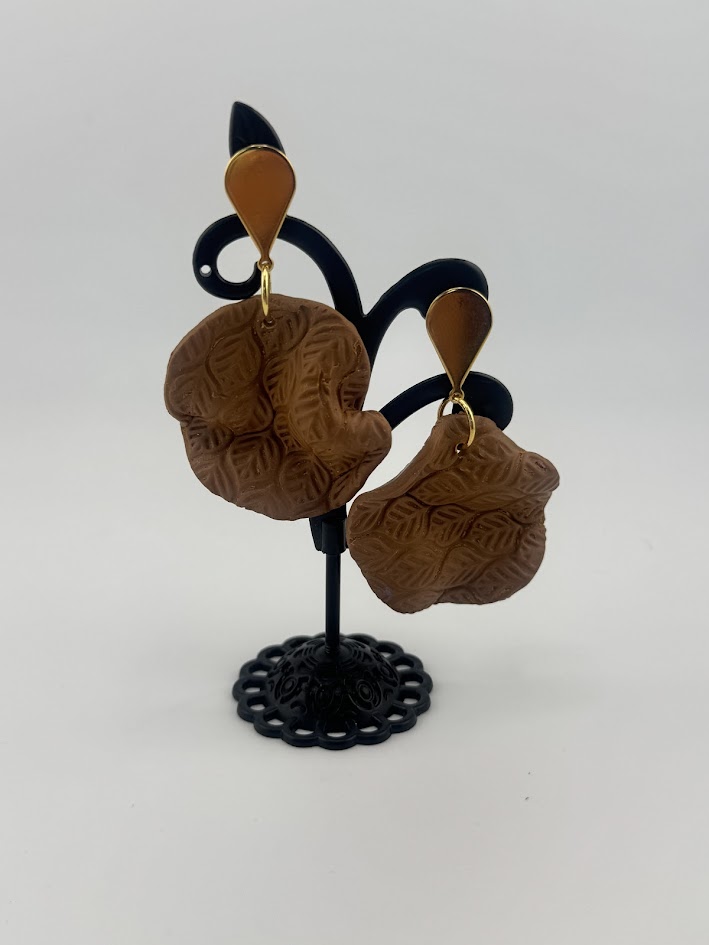 Handcrafted Brown Clay Leaf Earrings