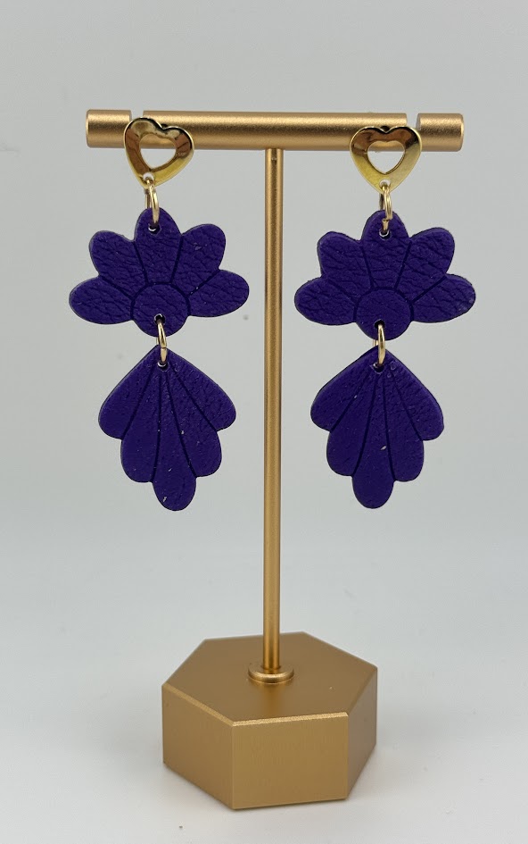Purple Flower Leather Look Earrings