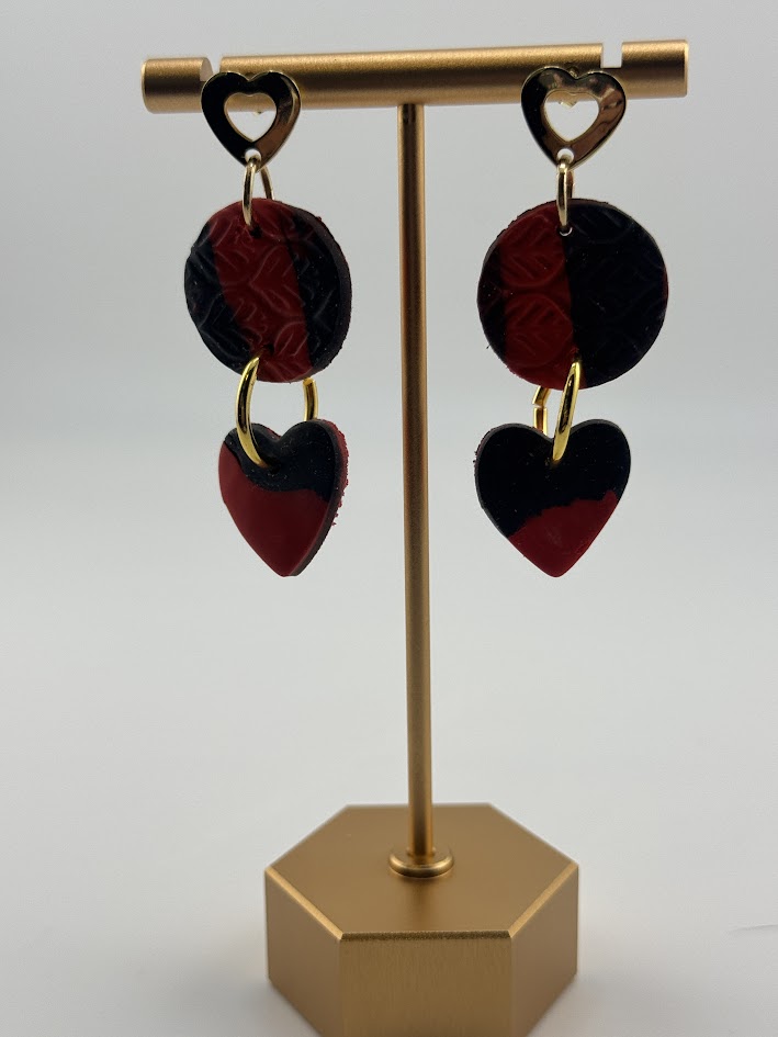 Handmade Red and Black Heart Earrings