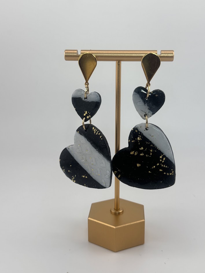 Black and Gold Heart Drop Earrings