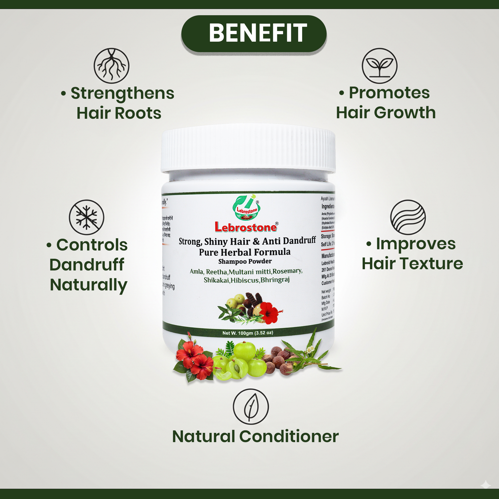 Lebrostone Strong, Shiny Hair & Anti Dandruff Shampoo Powder | Pure Herbal Formula with Amla, Reetha, Shikakai & Bhringraj | Natural Hair Growth & Scalp Cleansing | Chemical-Free Powder Shampoo - 100g