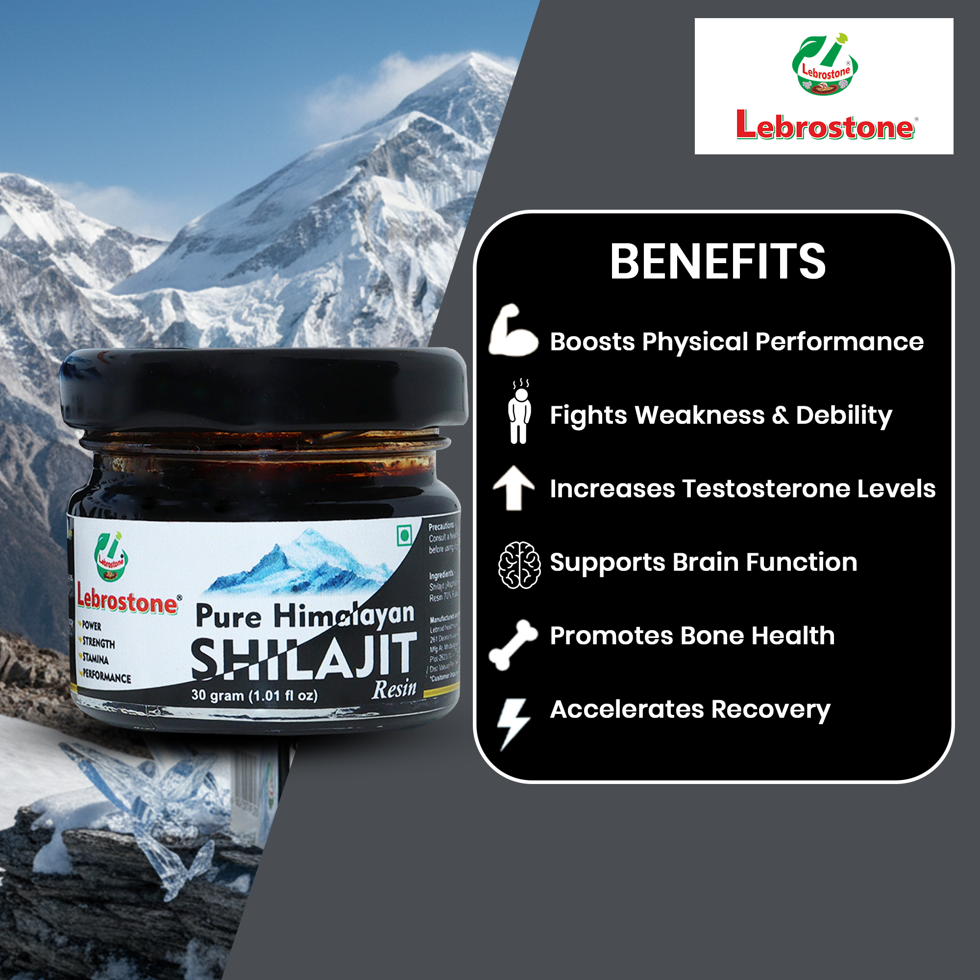 Lebrostone Pure Himalayan Shilajit Resin | Natural Energy & Testosterone Booster | 75% Fulvic Acid | Authentic Ayurvedic Rasayana | Strength, Stamina & Vitality - 30g