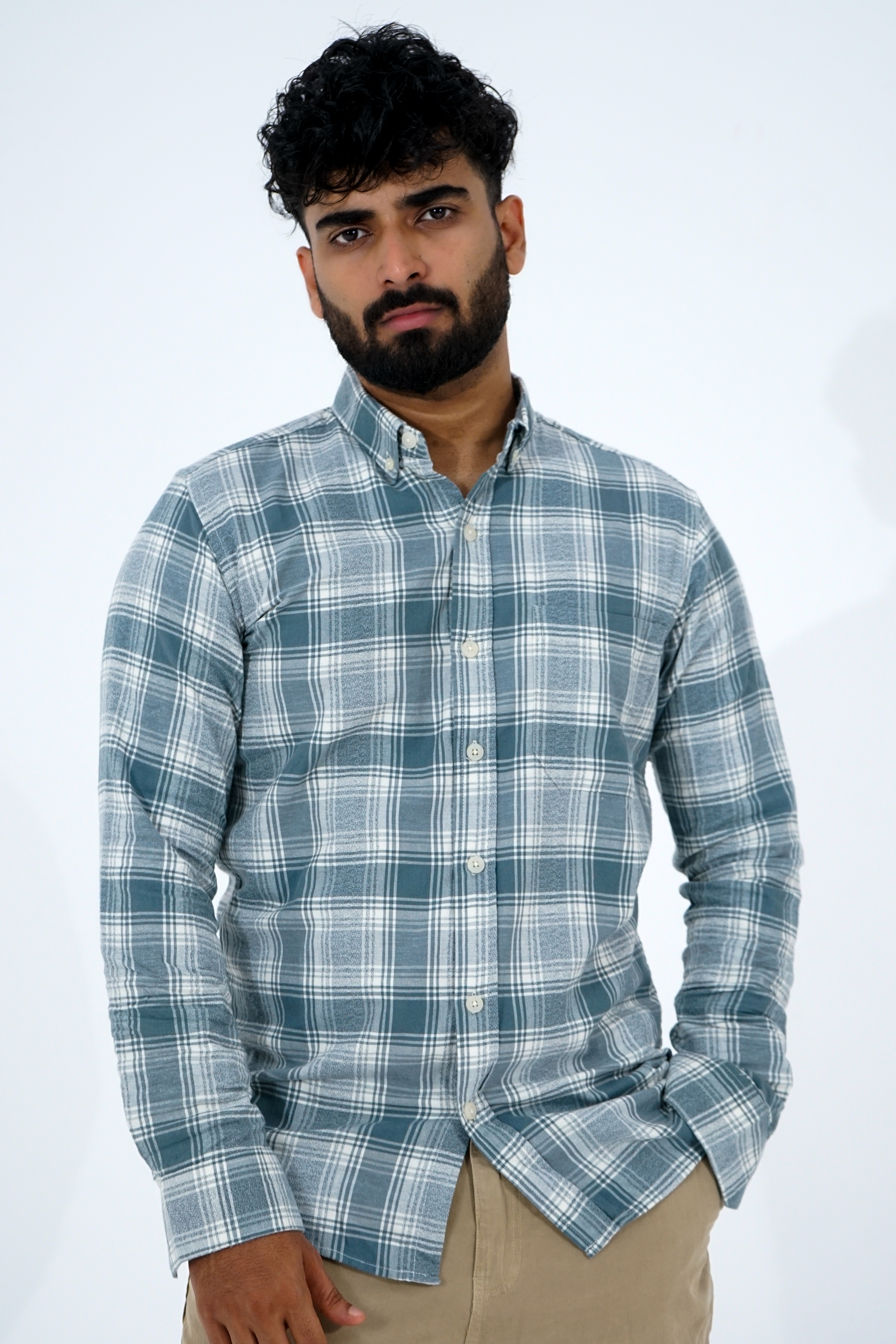 Frost Teal with White Faded Casual Checkered Shirt