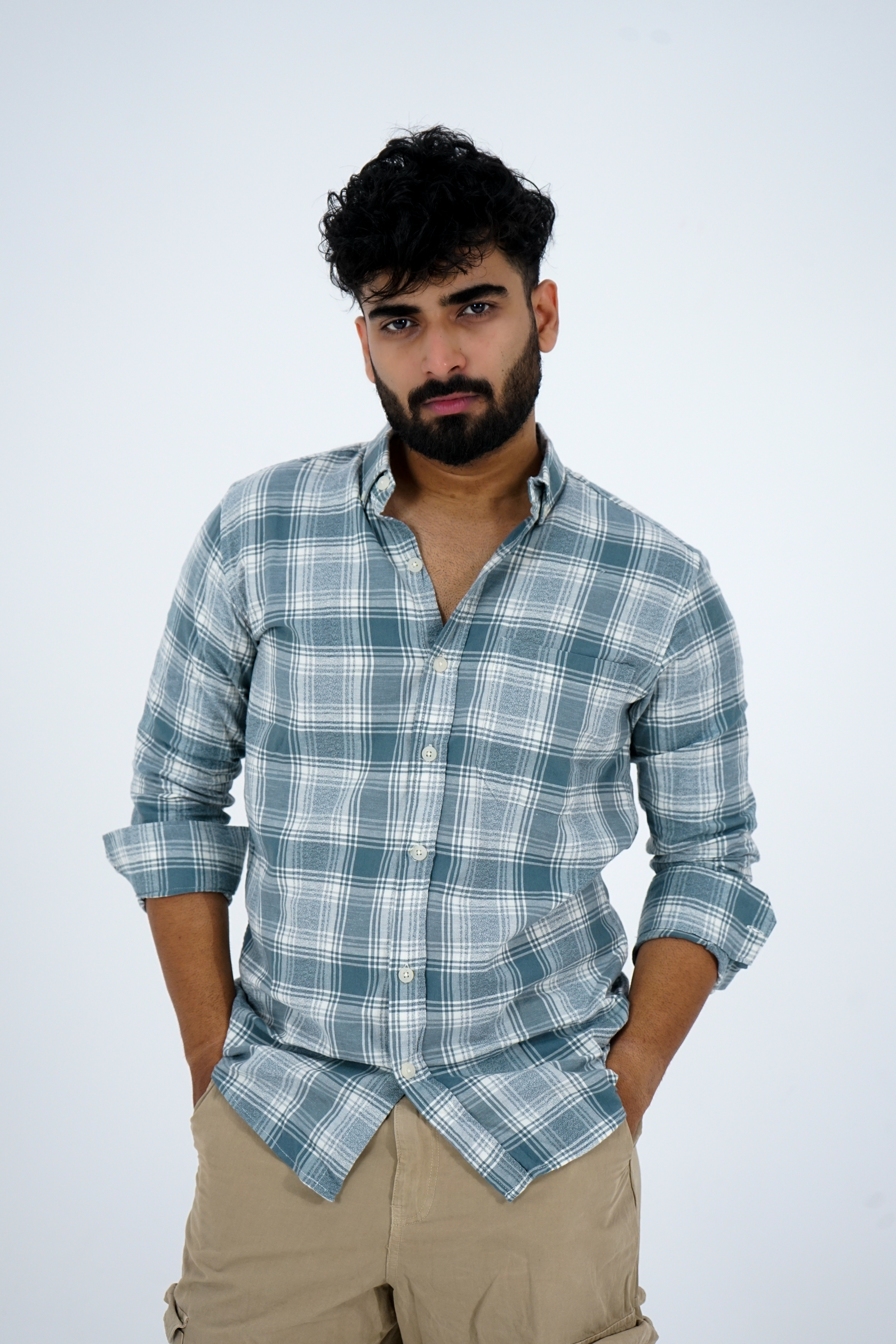 Frost Teal with White Faded Casual Checkered Shirt