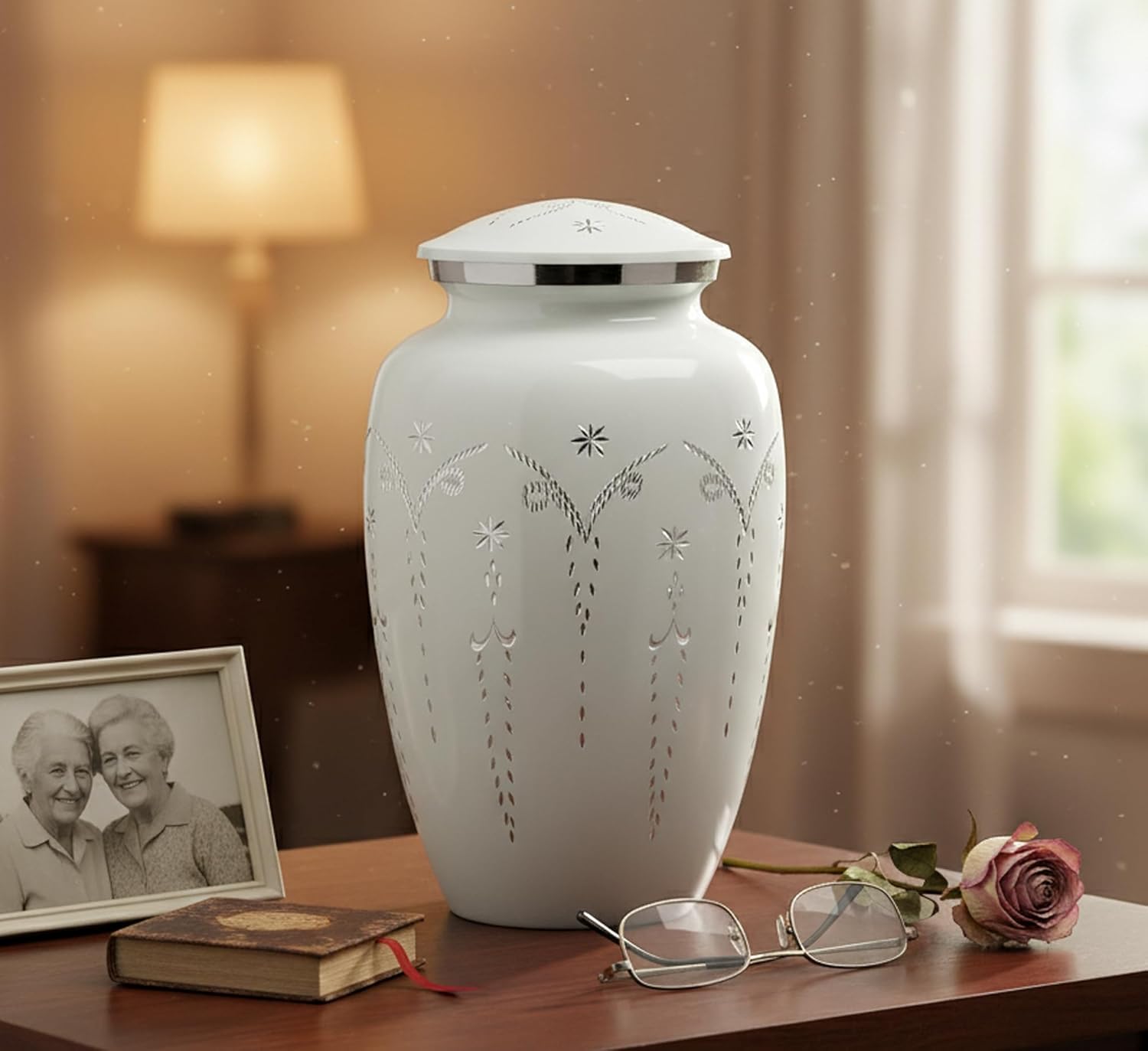 Metal Cremation Urn Memorial Jar Pot Container | Full Size Engraved Urn for Funeral Ashes Burial | Metal Urns | White - 10" Inches