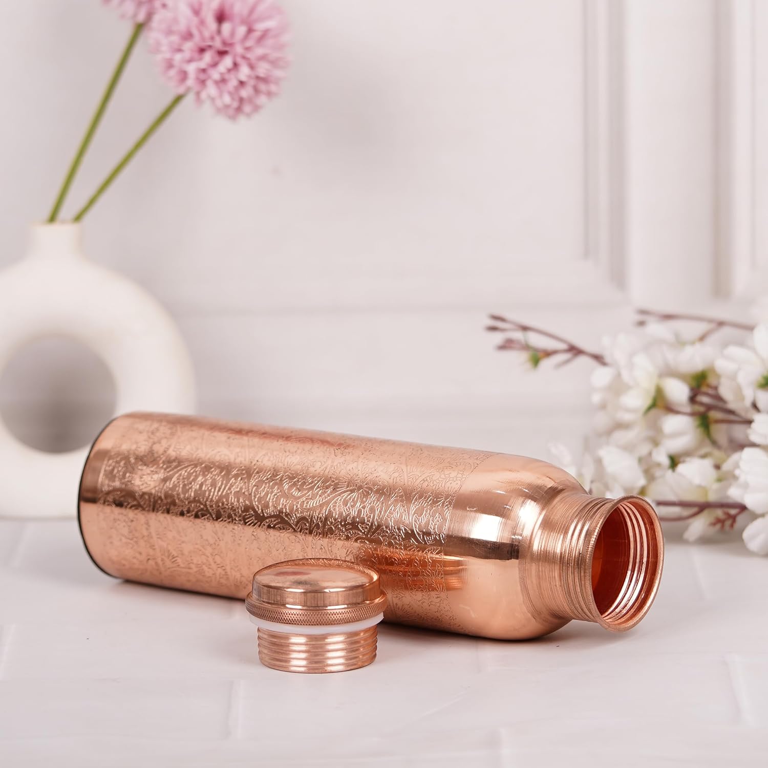 Pure Copper Water Drinking Bottle with Lid and Carry Bag 34oz/1000 ml Leak Proof Vessel Natural Flower Bottle for Ayurveda Health Benefits Office and Travel- Pack of 1