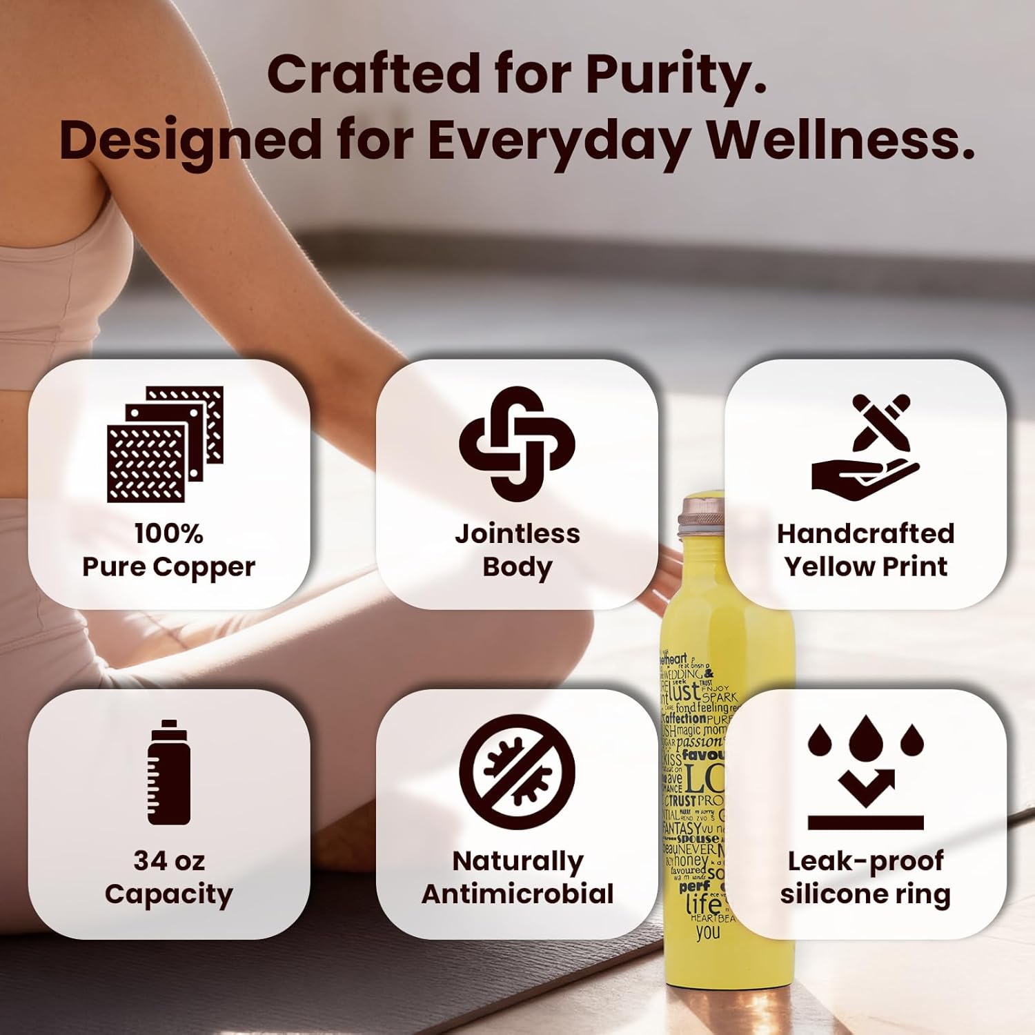 Craft Trade Printed Pure Copper Bottle with Lid and Carry Bag for Drinking Water BPA Free Leak Proof Boosts Immunity, Supports Digestive & Liver Health, Ayurveda Inspired 34oz - 1 Litre Yellow