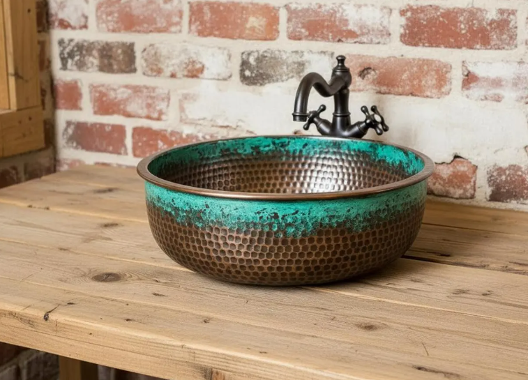 Complete Copper Bathroom Sink Combo Set, Handmade Hammered Vessel Basin with Faucet and Drain Assembly, Rustic Antique Vanity Bowl for Countertop Installation