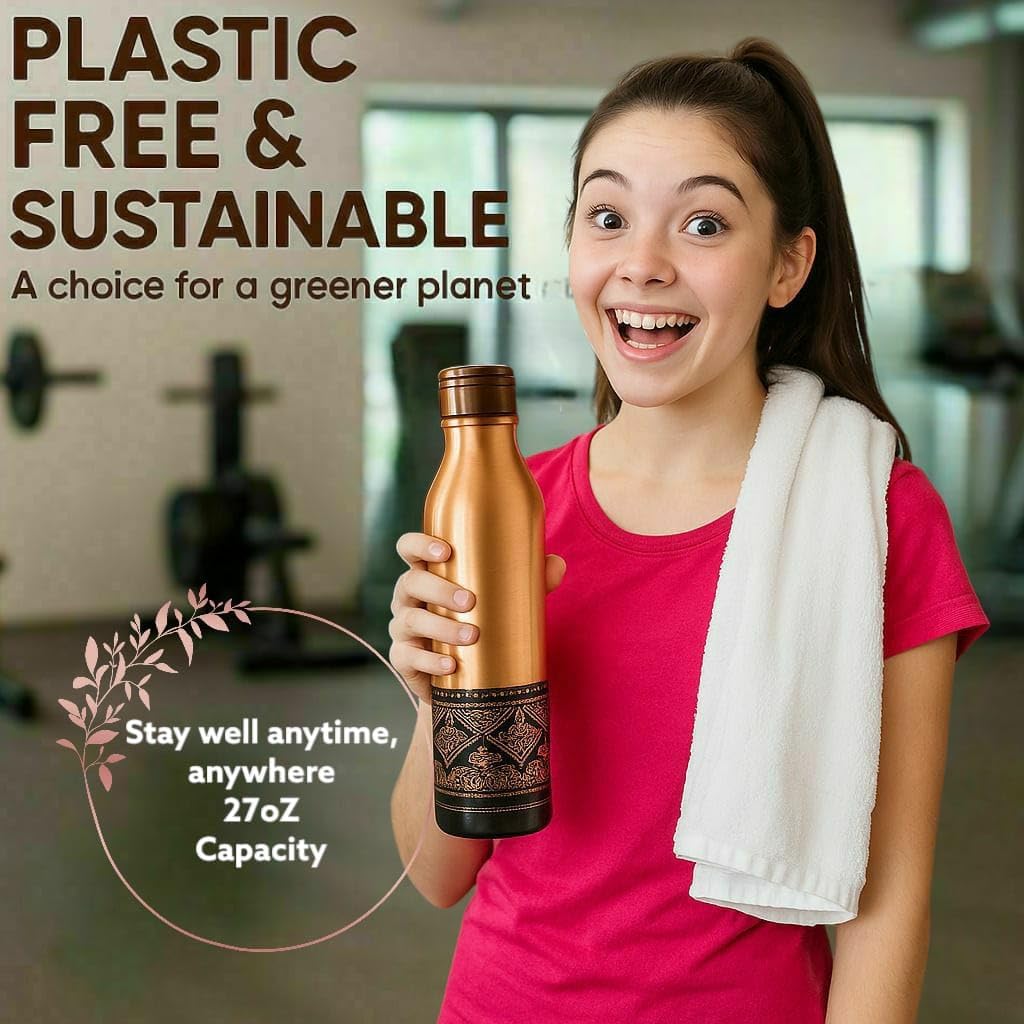 Pure Copper Water Bottle | Seamless Leakproof Water Bottle For Home, Office, Hotel, Travelling and Gifting | Drink More Water and Immediately Reap the Health - 25.3 Oz