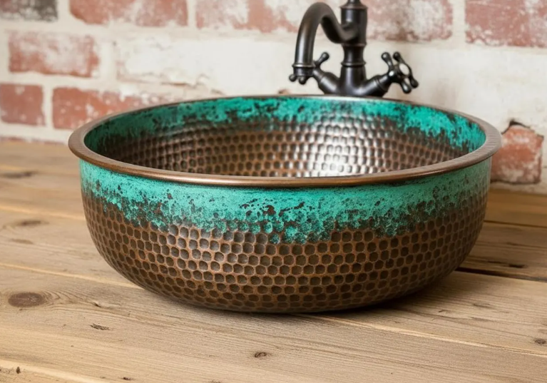 Complete Copper Bathroom Sink Combo Set, Handmade Hammered Vessel Basin with Faucet and Drain Assembly, Rustic Antique Vanity Bowl for Countertop Installation