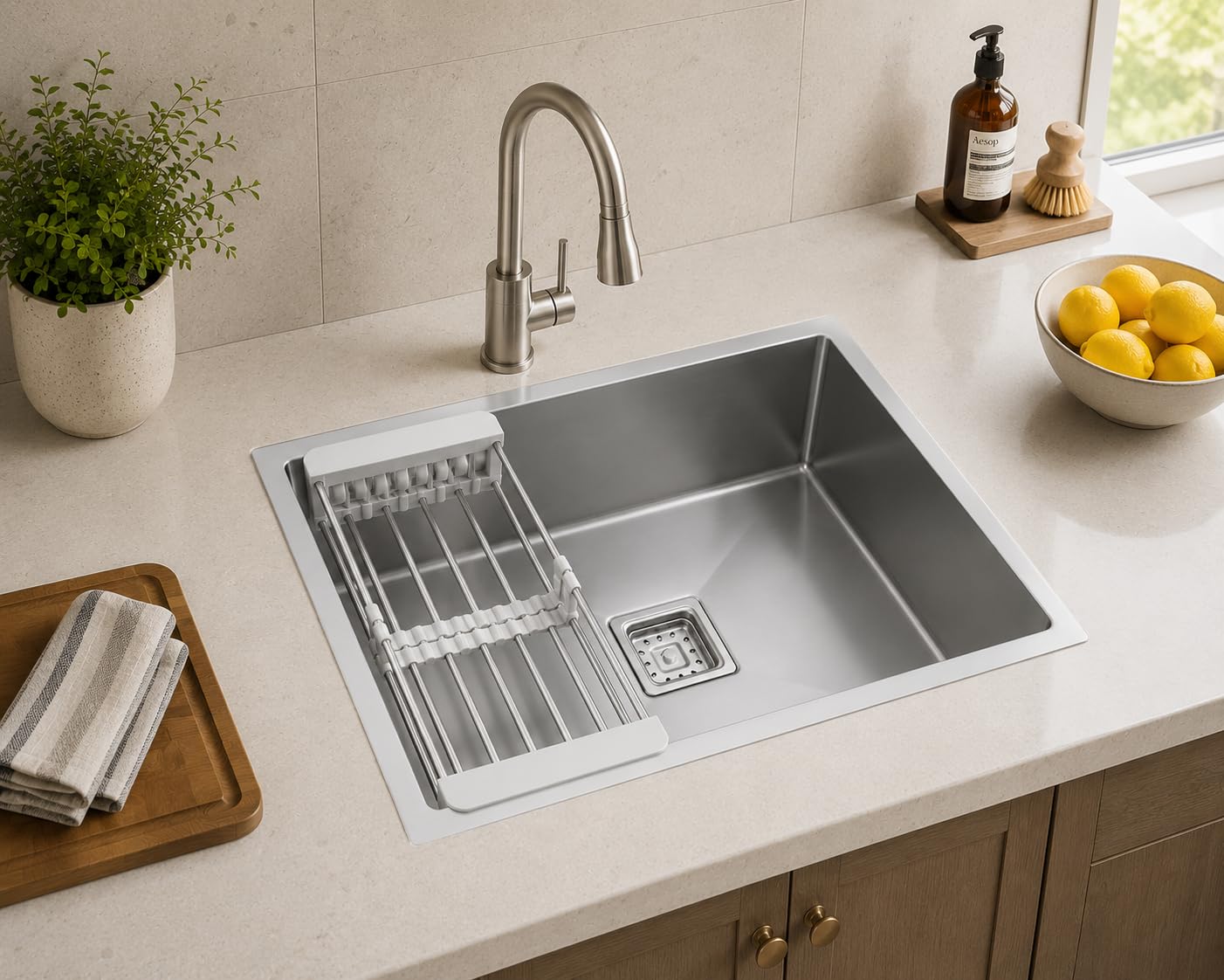 Handmade Stainless Steel Workstation Kitchen Sink, 24 x 18 Inch Deep Bowl Design with Multi-Function Drying Rack