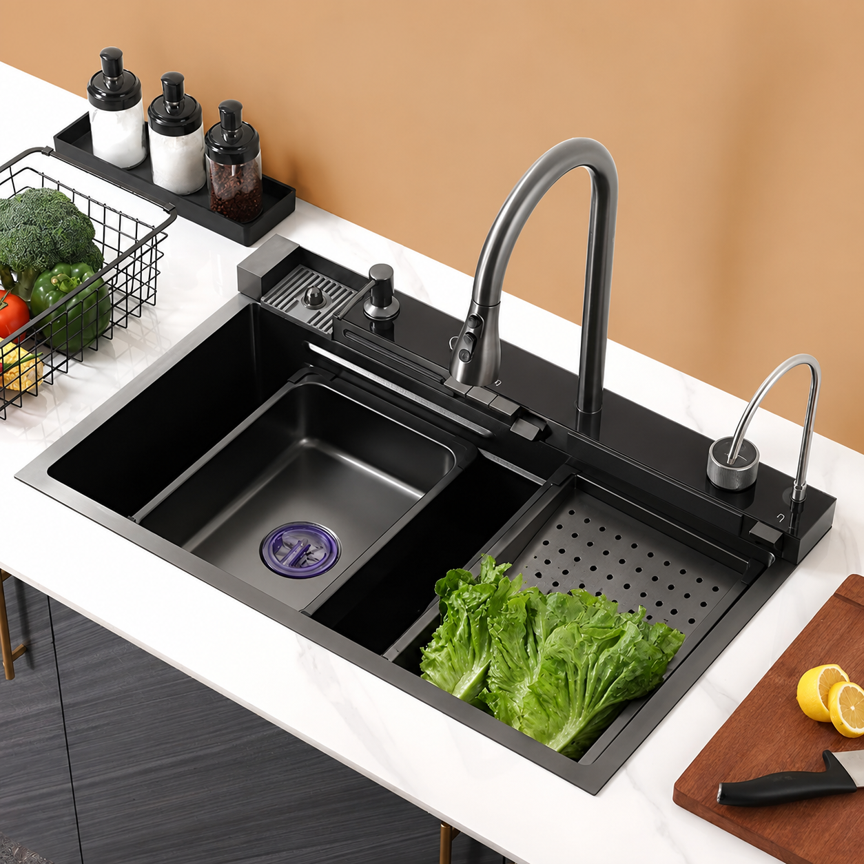Smart Kitchen Sink Workstation 30 x 18 Inch, Stainless Steel Double Bowl Sink with Pull Out Faucet, Waterfall Faucet, Cup Washer, Digital Temperature Display, Cutting Board, Drain Basket, Black