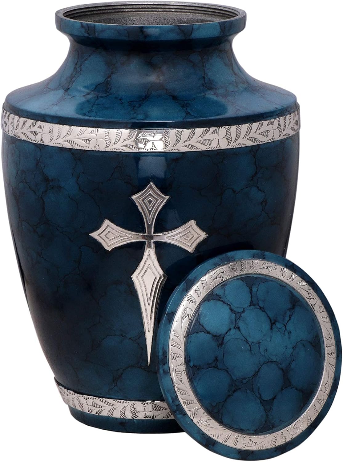 Cross Blue Cloud Decorative Cremation Urn for Adult Ashes – Human Memorial Urn for Men & Women, Burial & Funeral, 200 Cubic Inches with Satin Bag