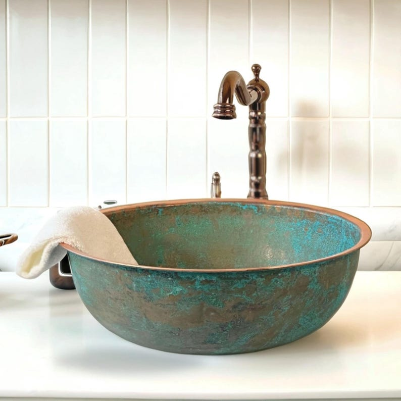 Handmade Hammered Copper Vessel Sink, Rustic Green Patina Finish Bathroom Basin, Round Wash Bowl for Modern Kitchen & Vanity