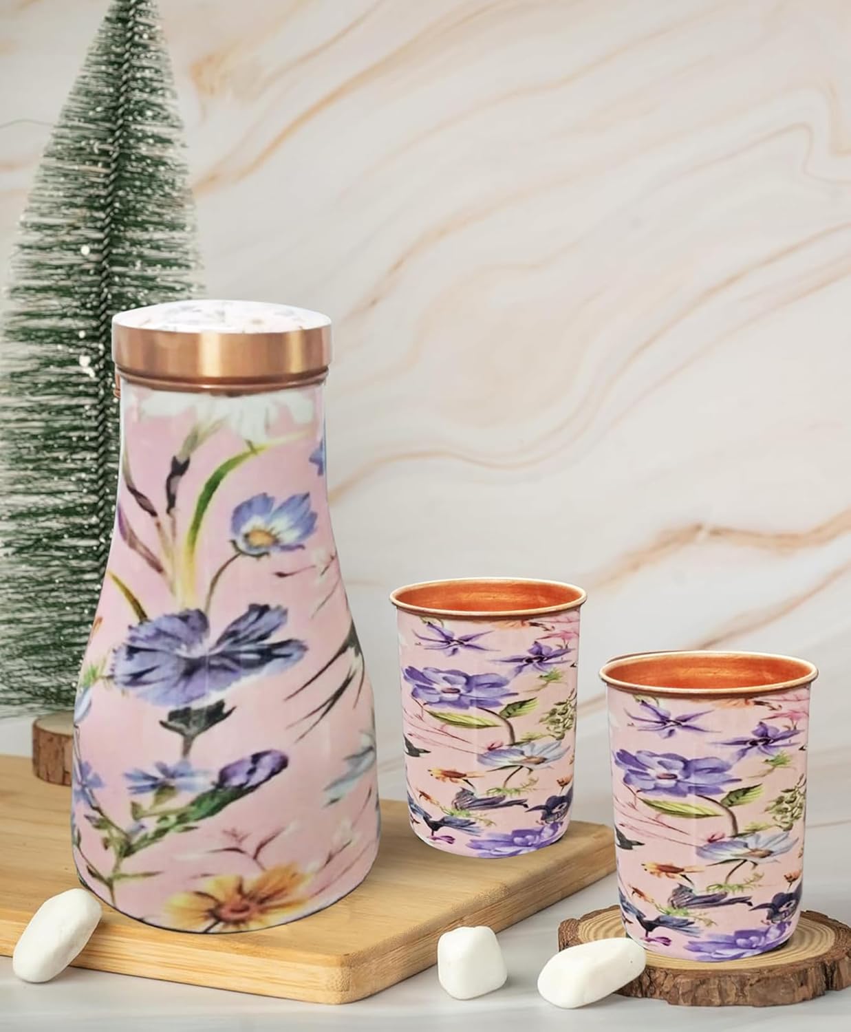Copper Bedroom Bottle 1.2 Litre (40 oz) Bedside Carafe Set with 2 Glasses – Pure Copper Water Jar for Home, Sports & Yoga