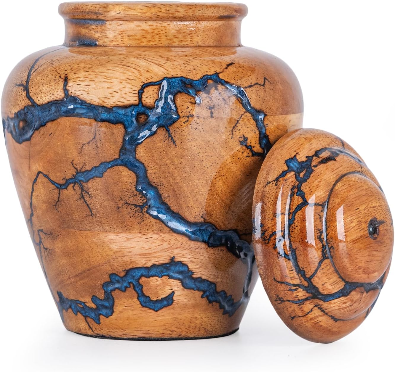 Wooden Cremation Urns for Human Ashes Adult Male 20 Cubic Inches - Urns for Ashes for Women & Men - Blue Urn for Ashes Adult Male - Decorative Urns - Burial and Funeral Urn - Blue, Small 20lbs