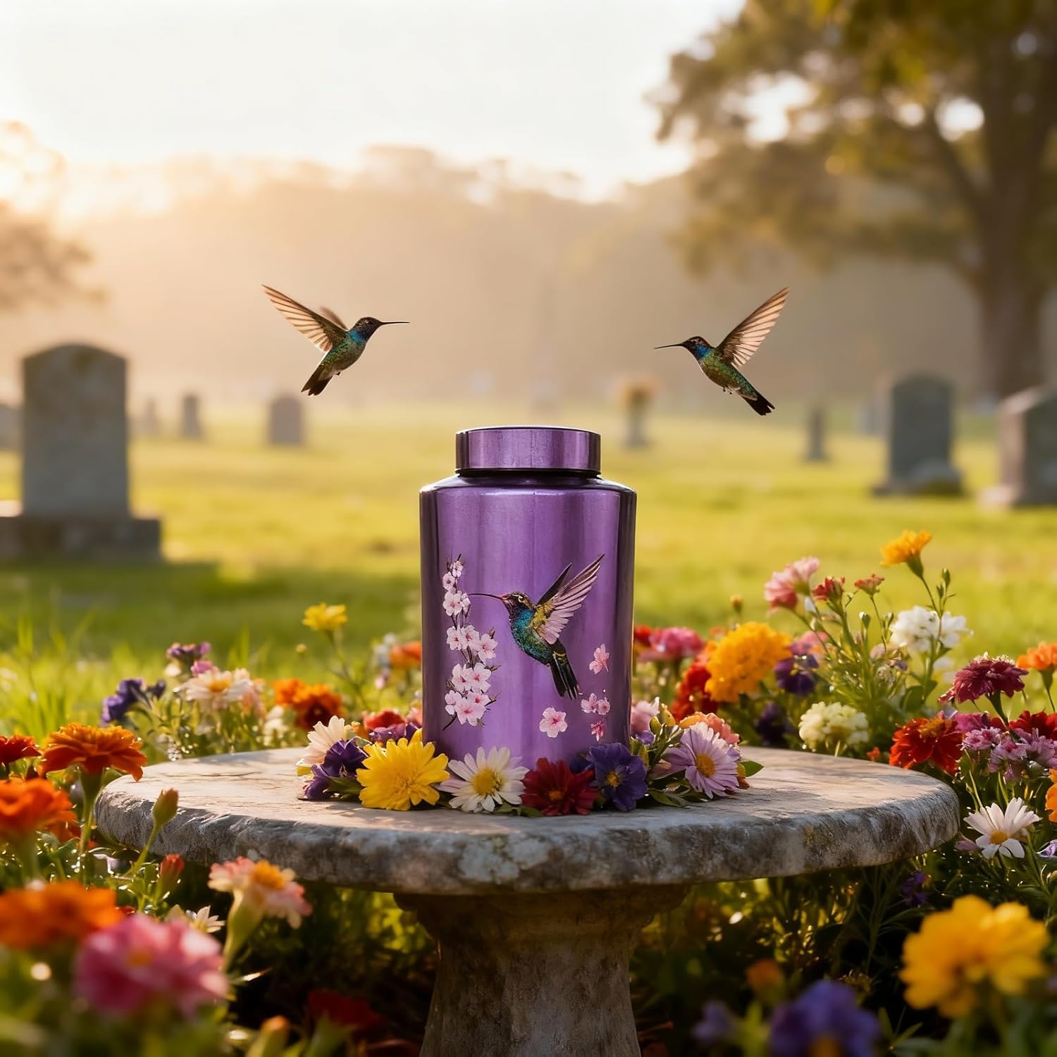 Large Cremation Urns for Adult Male Female Ashes, Up to 220 lbs Decorative Urn for Human Remains with Velvet Bag(Hummingbird)