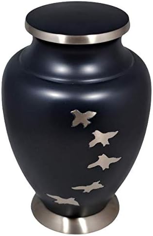 Midnight Blue Going Home Brass Cremation Urn for Adult | Handcrafted Memorial Classic Flying Dove Design with Intricate Pewter Engraving | Large Adult 10"