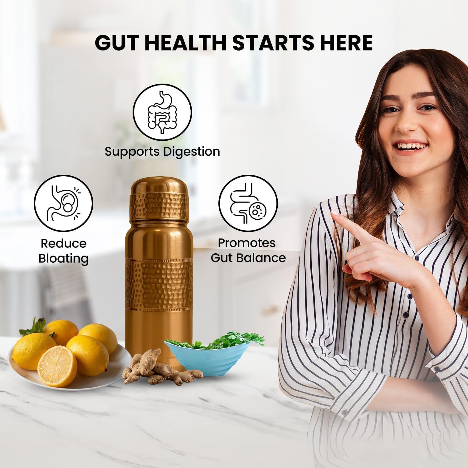 Pure Copper Water Bottle 64 oz with Lid – Leak-Proof Ayurvedic Vessel for Digestion, Immunity & Daily Hydration | Lightweight, Eco-Friendly Travel Bottle, Ideal Wellness Gift