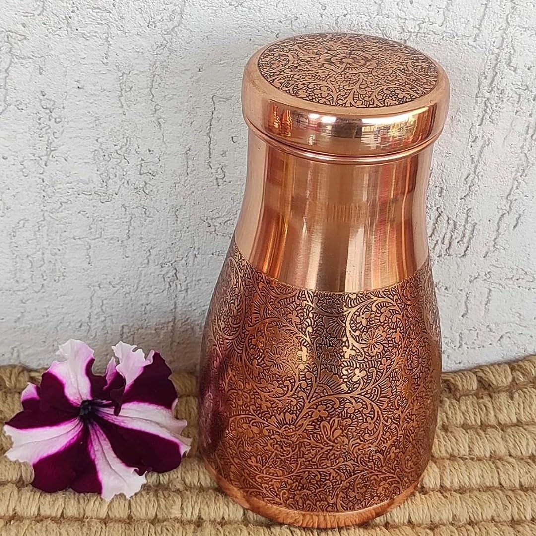 Pure Copper Bedside Carafe Set with Tumbler – 1 Liter (34 oz) Embossed Copper Water Jug | Ayurvedic Health Benefits, Copper Pitcher for Home, Yoga & Gifting