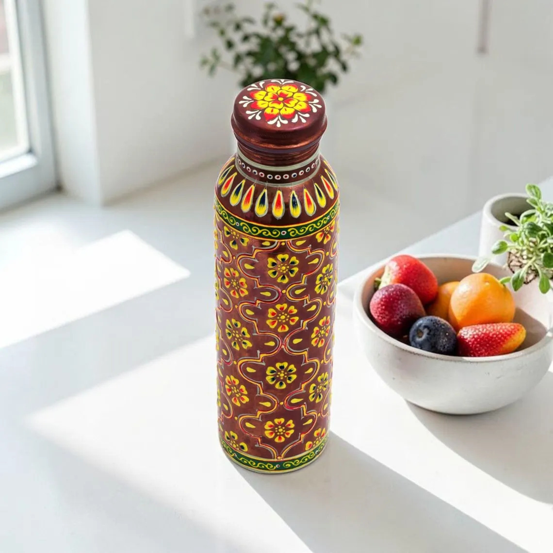 Hand Painted Pure Copper Water Bottle – Floral Ayurvedic Wellness Leakproof Yoga Flask