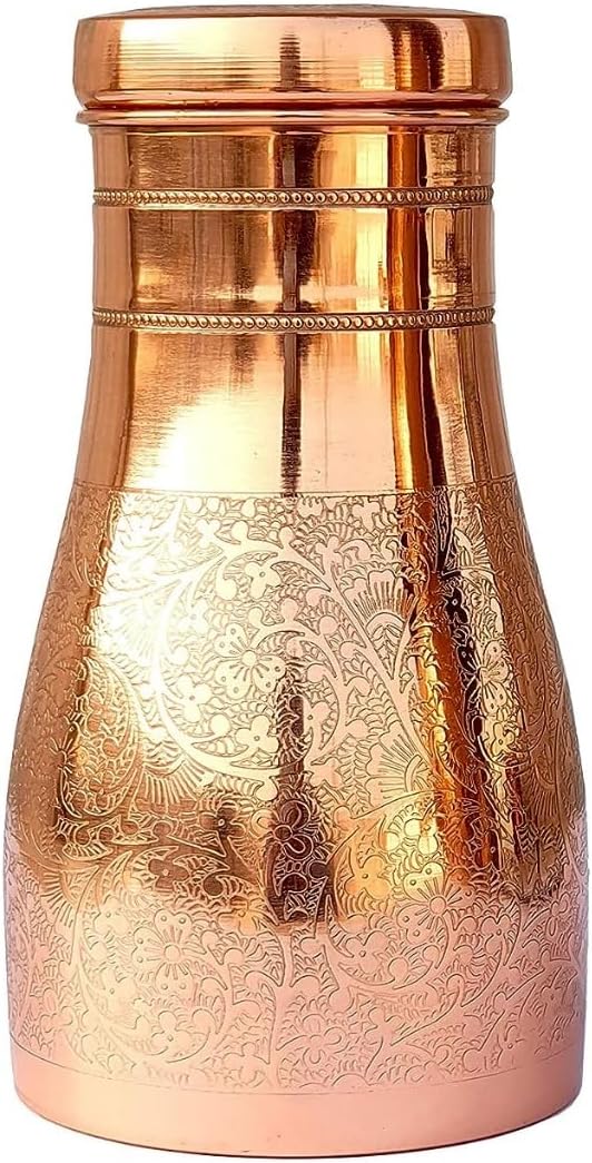 Pure Copper Bedside Carafe Set with Tumbler – 1 Liter (34 oz) Embossed Copper Water Jug | Ayurvedic Health Benefits, Copper Pitcher for Home, Yoga & Gifting