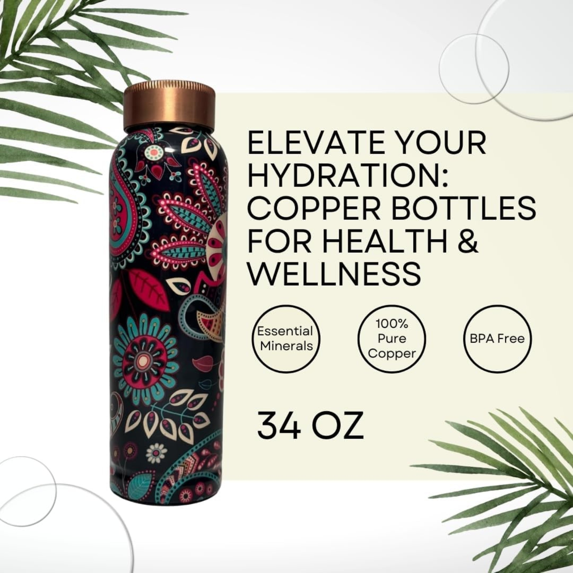 Printed Pure Copper Water Bottle 34 Oz – Leak-Proof 100% Ayurvedic Copper Vessel with Lid for Gym, Yoga, and Daily Hydration