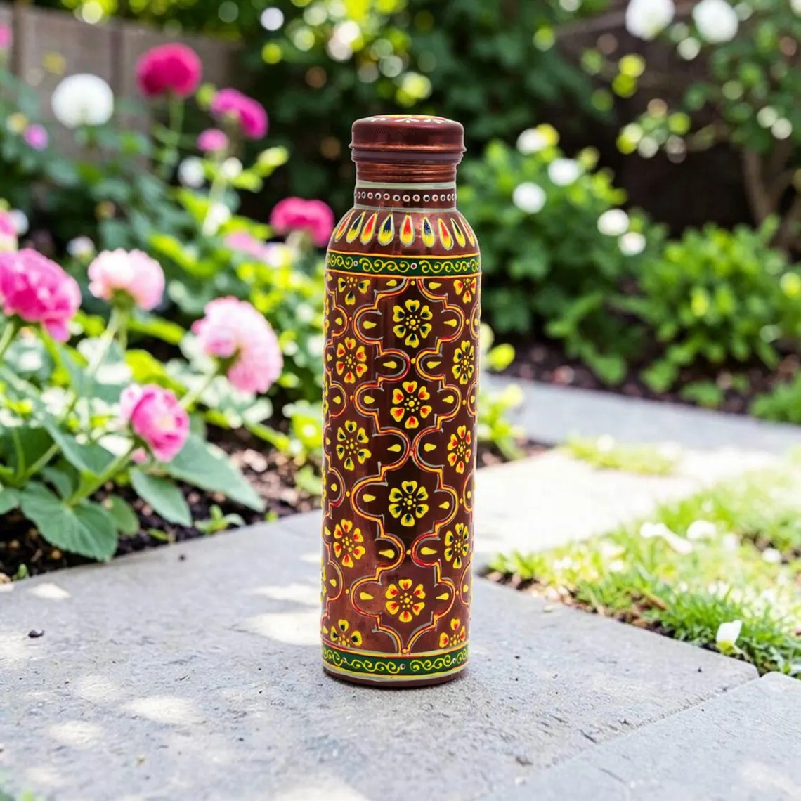 Hand Painted Pure Copper Water Bottle – Floral Ayurvedic Wellness Leakproof Yoga Flask