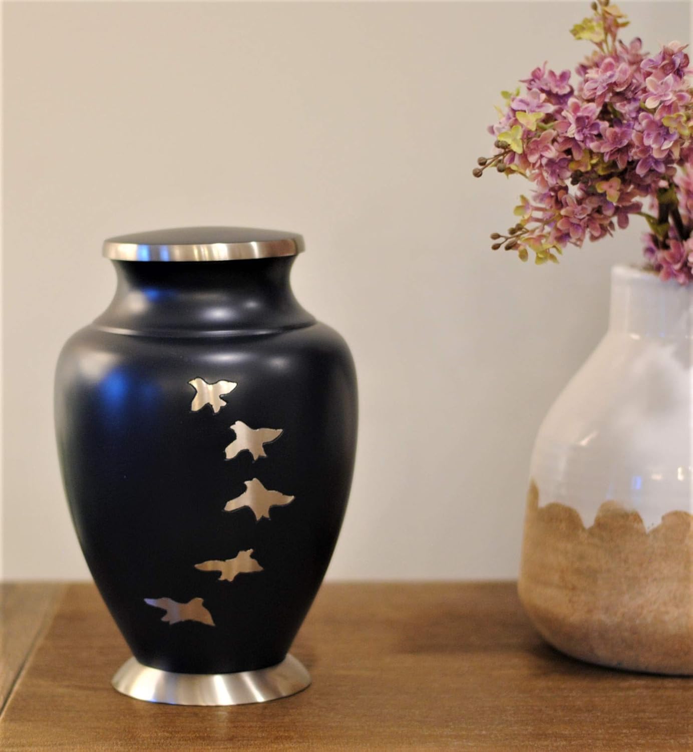 Midnight Blue Going Home Brass Cremation Urn for Adult | Handcrafted Memorial Classic Flying Dove Design with Intricate Pewter Engraving | Large Adult 10"