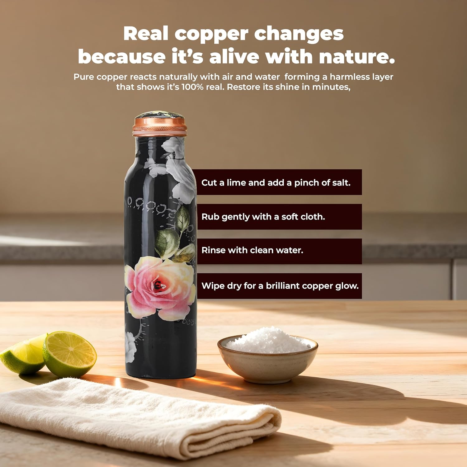 Pure Copper Water Drinking Bottle with Lid and Carry Bag 34oz/1000 ml Leak Proof Vessel Black Water Bottle for Ayurveda Health Sports and Yoga Gym- Pack of 1