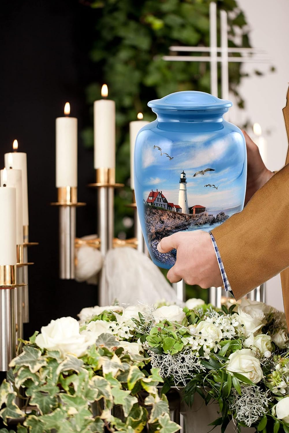 Lighthouse Urn - Full Size Portland Head Lighthouse Cremation Urn - Adult Urns for Men and Women - Ocean Blue Funeral and Memorial Urns for Human Ashes Upto 210 Lbs with Velvet Bag (Large)