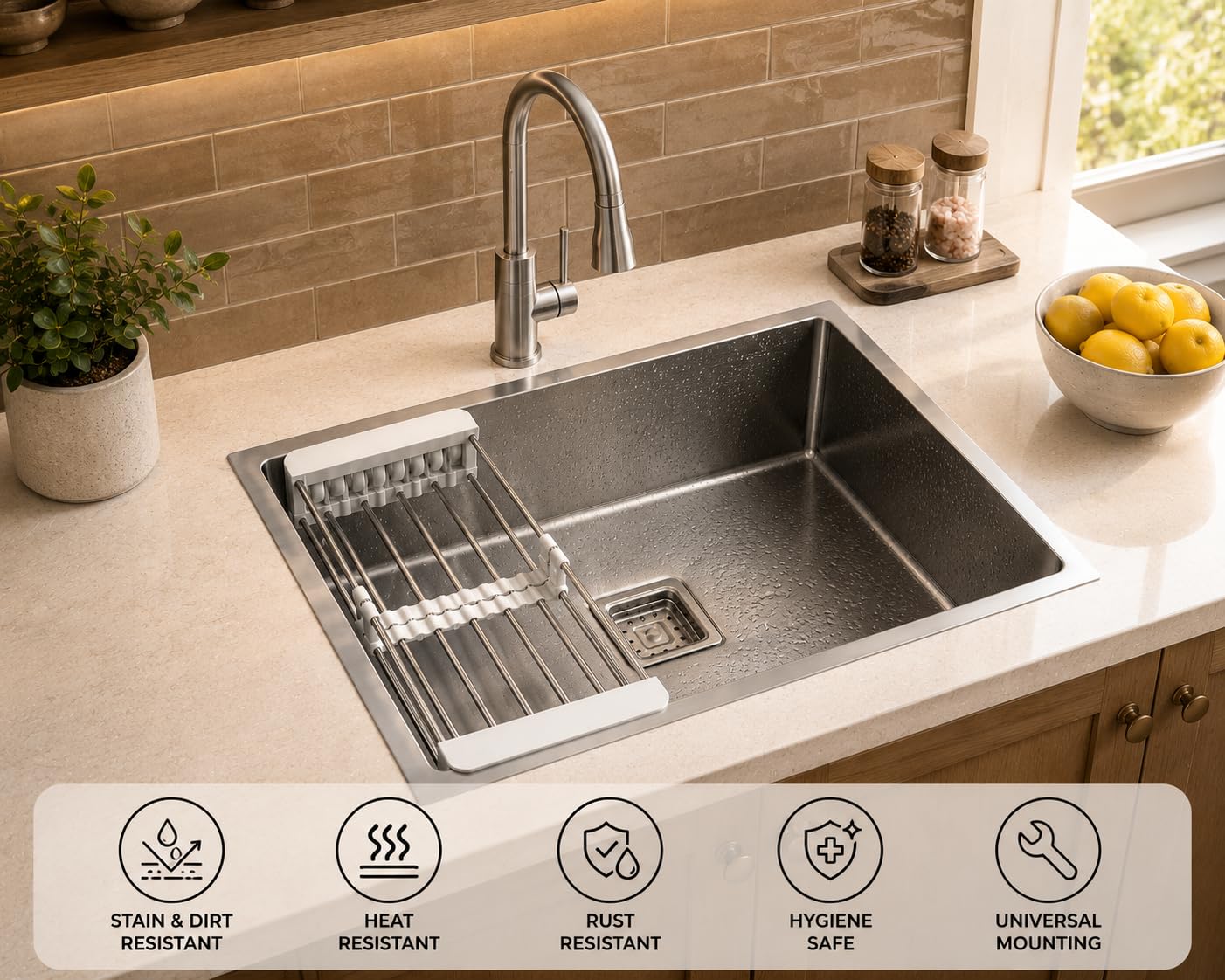 Handmade Stainless Steel Workstation Kitchen Sink, 24 x 18 Inch Deep Bowl Design with Multi-Function Drying Rack