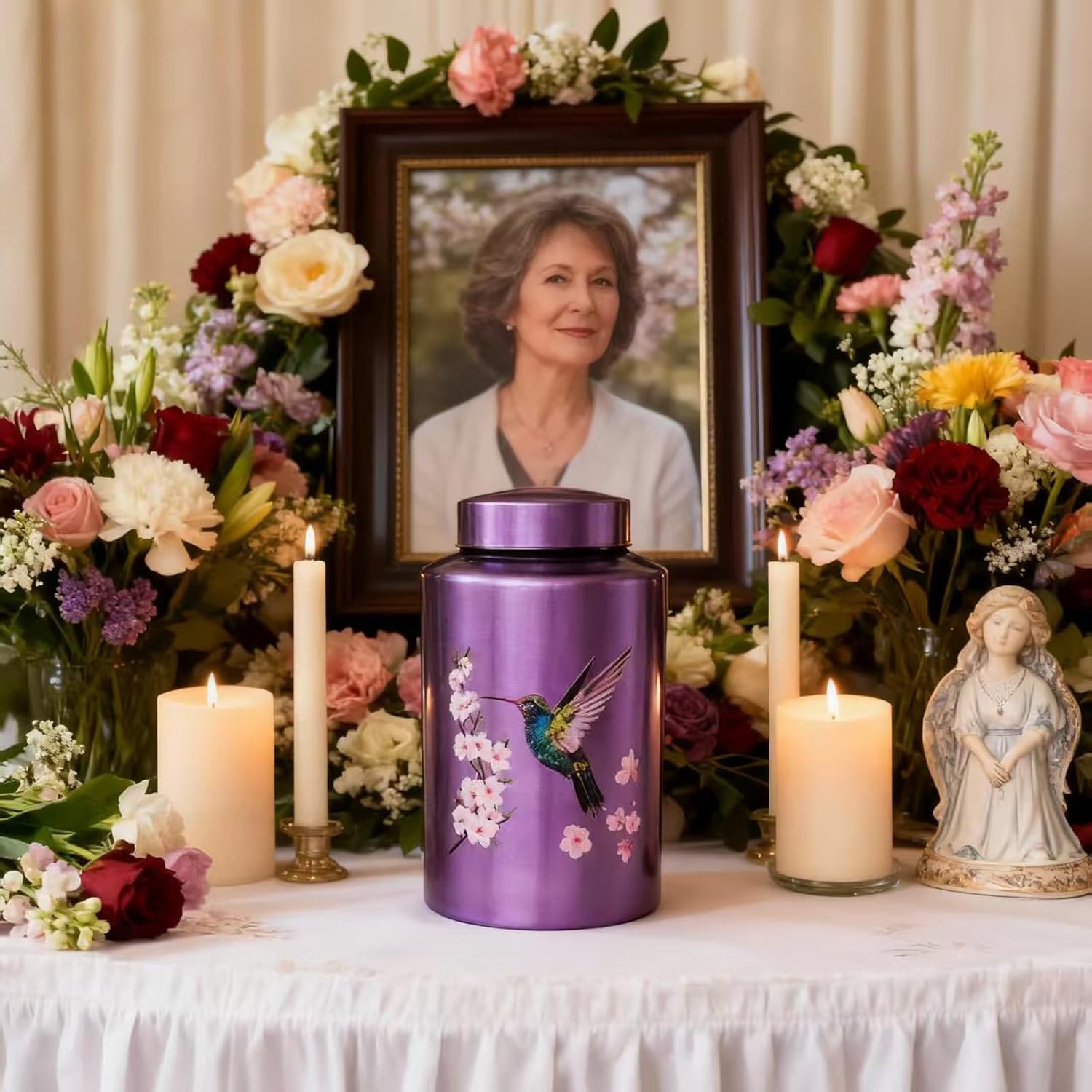 Large Cremation Urns for Adult Male Female Ashes, Up to 220 lbs Decorative Urn for Human Remains with Velvet Bag(Hummingbird)