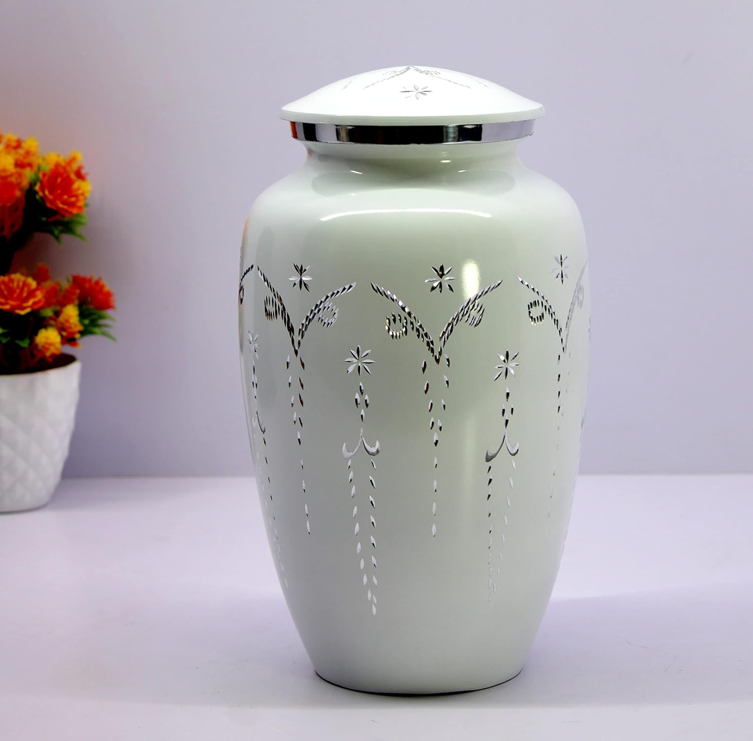 Metal Cremation Urn Memorial Jar Pot Container | Full Size Engraved Urn for Funeral Ashes Burial | Metal Urns | White - 10" Inches